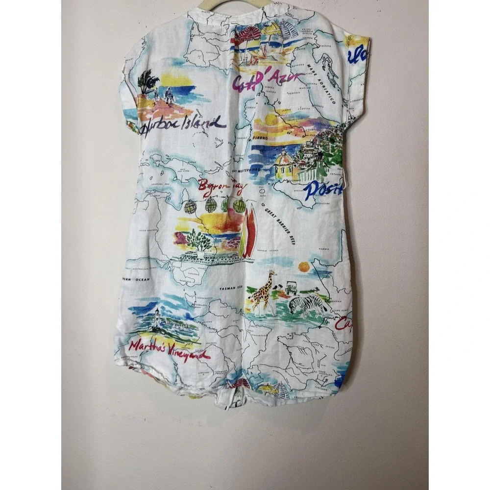 Gap Kids Romper Girls 6-7 Years Multicolor Map Print Button Front Cotton Gauze